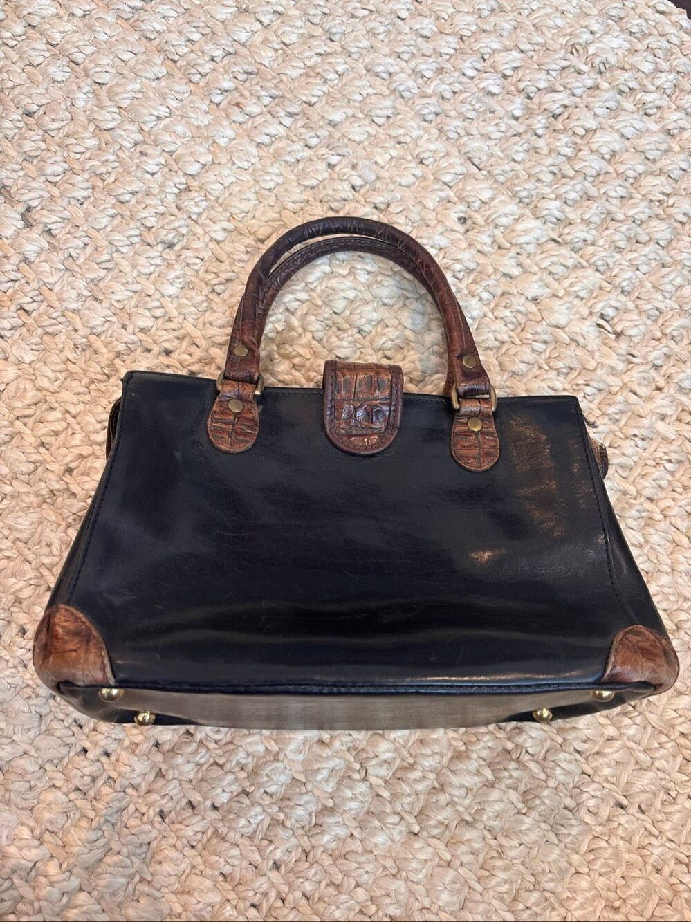 Vintage Brahmin black Leather Satchel Bag Croc Embossed Top Handle Handbag, quie - Picture 7 of 13